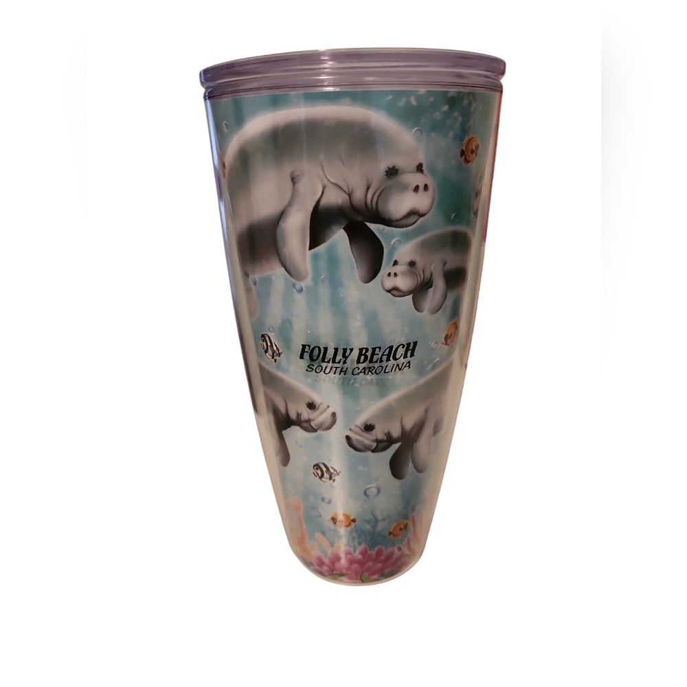 Folly Beach Manatee Blue Plastic Tumbler Ocean Life With Fish